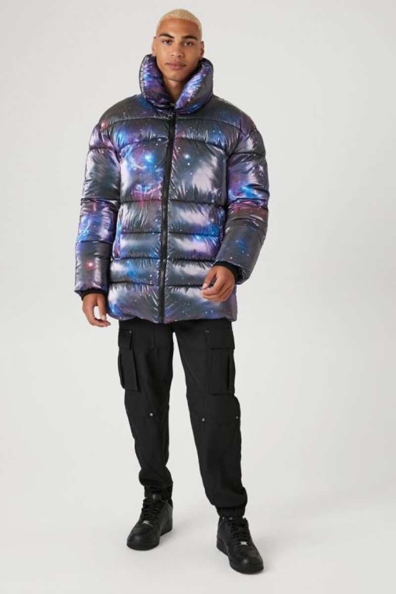 Casacas Forever 21 Galaxy Print Puffer Hombre Gris Multicolor | mfrKvw9qi7T