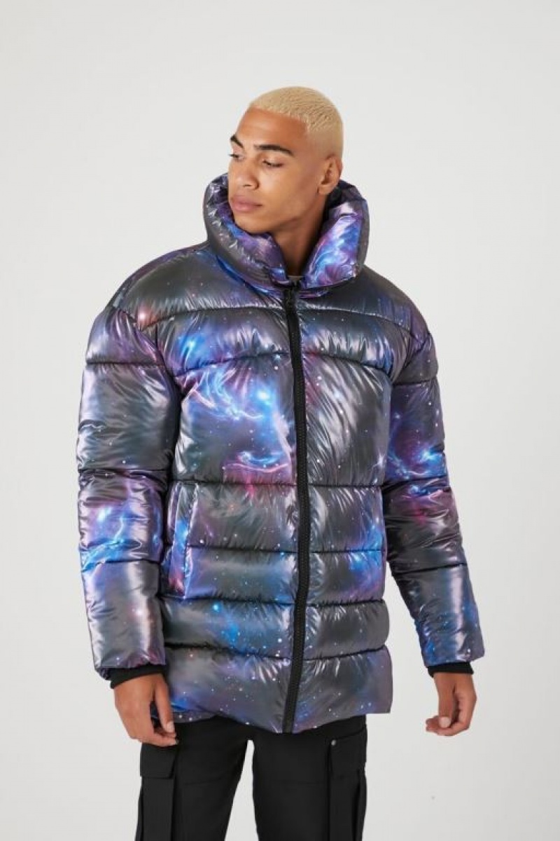 Casacas Forever 21 Galaxy Print Puffer Hombre Gris Multicolor | mfrKvw9qi7T