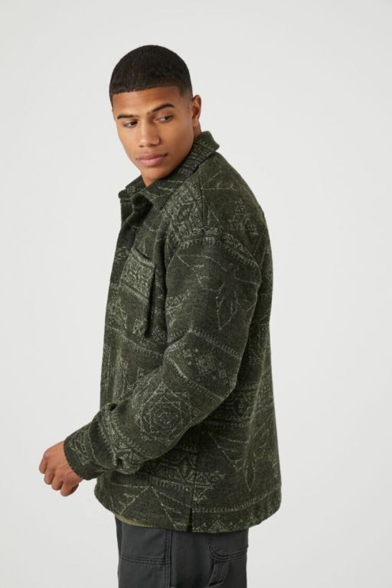 Casacas Forever 21 Geo Print Button Front Shacket Hombre Verde Oliva | j55atUeSHfo