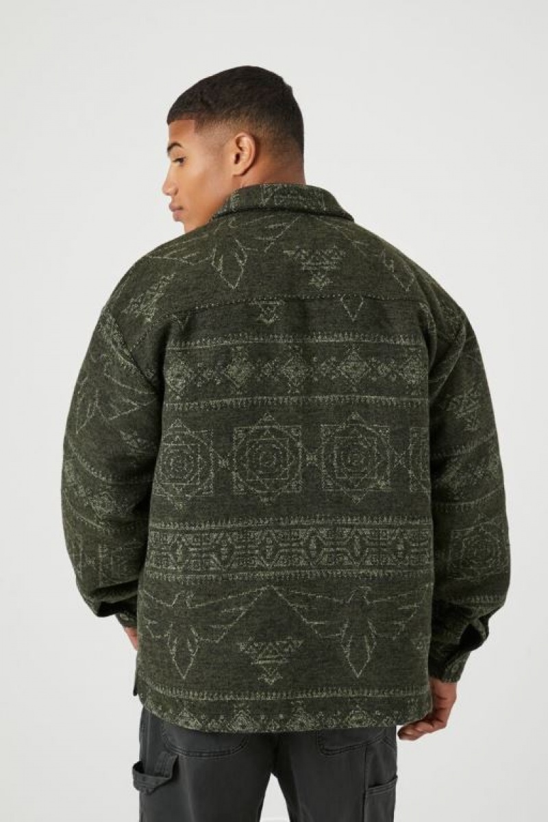 Casacas Forever 21 Geo Print Button Front Shacket Hombre Verde Oliva | j55atUeSHfo