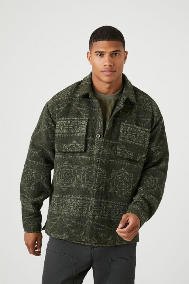 Casacas Forever 21 Geo Print Button Front Shacket Hombre Verde Oliva | j55atUeSHfo