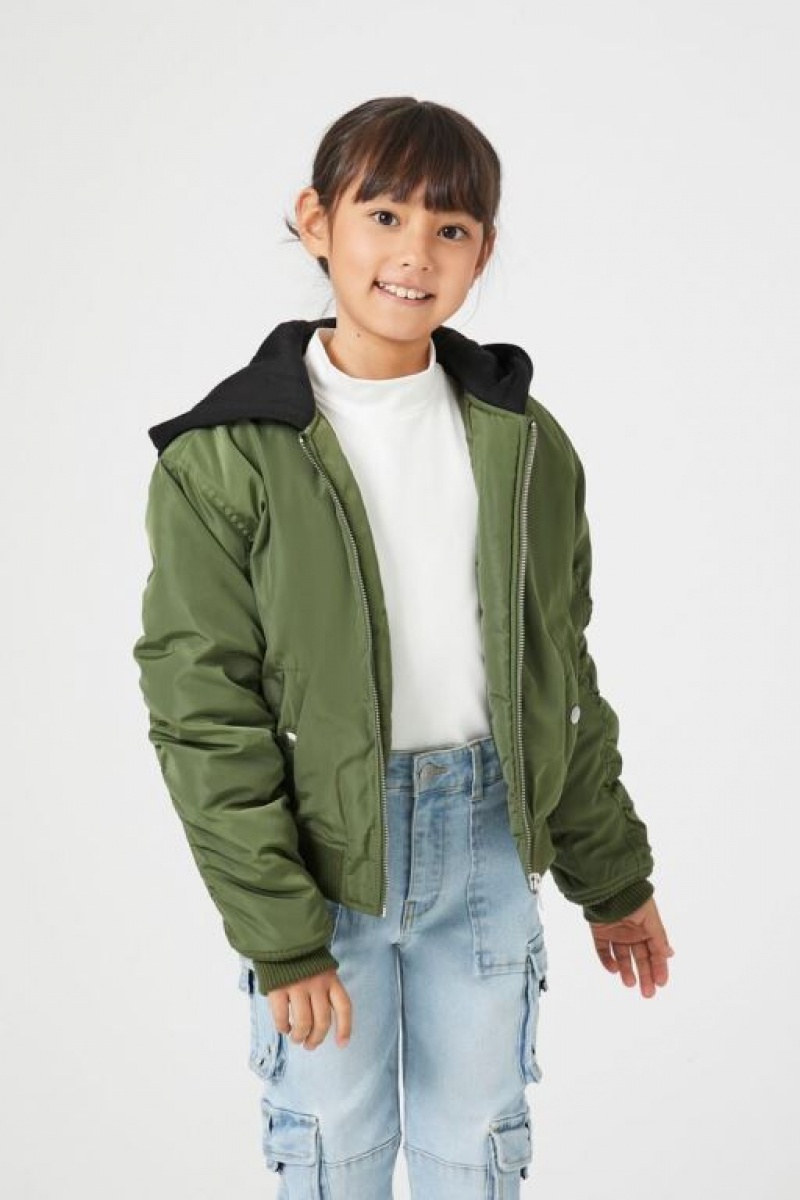 Casacas Forever 21 Girls Hooded Bomber Niños Verde Oliva | sXRfoTxLa20