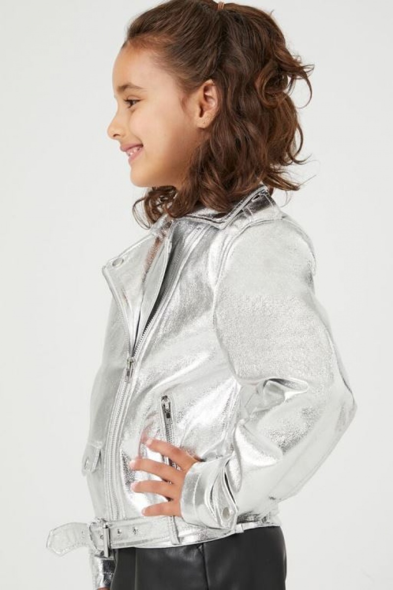 Casacas Forever 21 Girls Metallic Moto Niños Plateadas | XG6ah4bFLE1