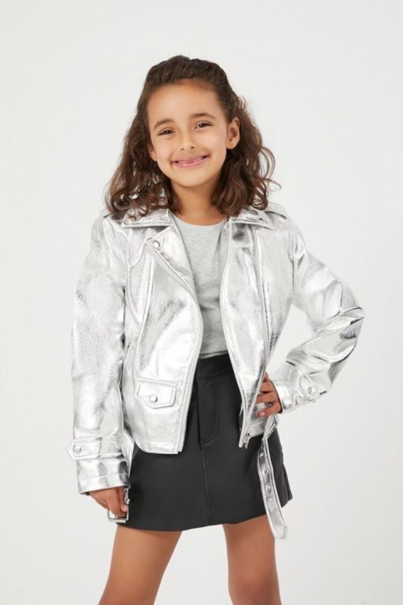 Casacas Forever 21 Girls Metallic Moto Niños Plateadas | XG6ah4bFLE1