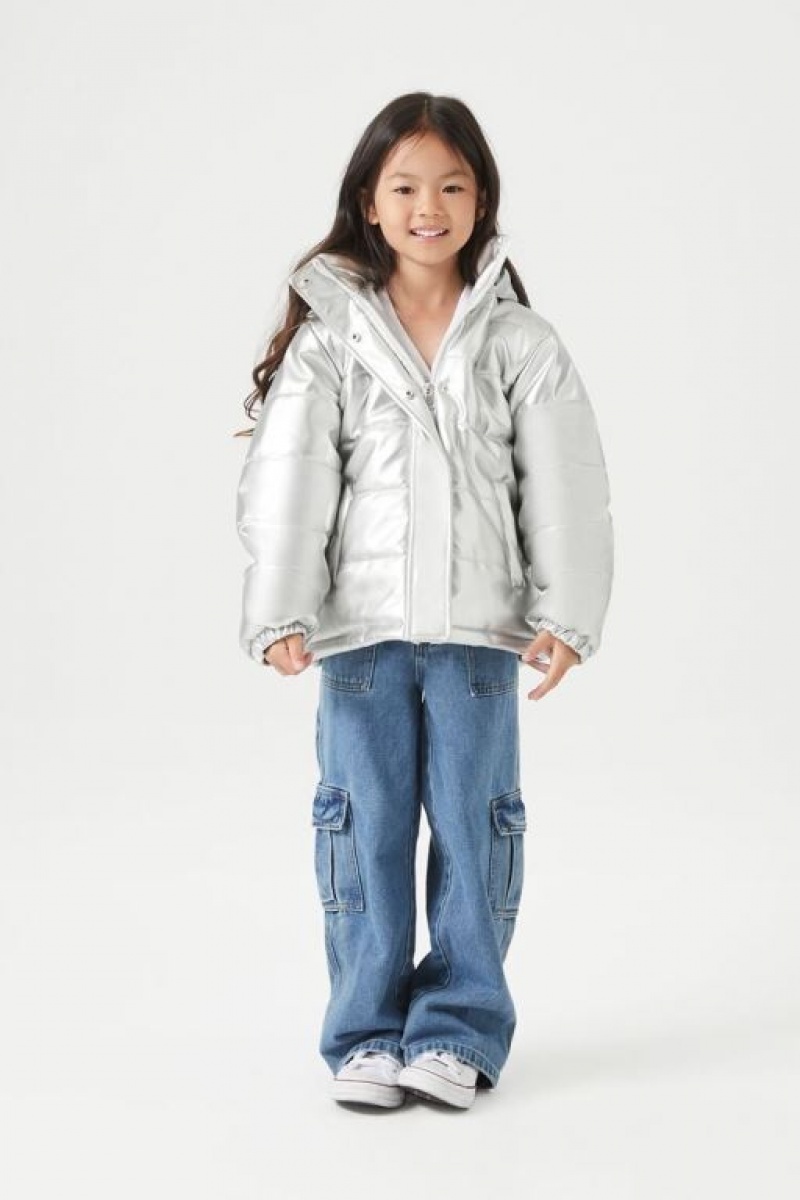 Casacas Forever 21 Girls Metallic Puffer Niños Plateadas | ixiBAXtQagV