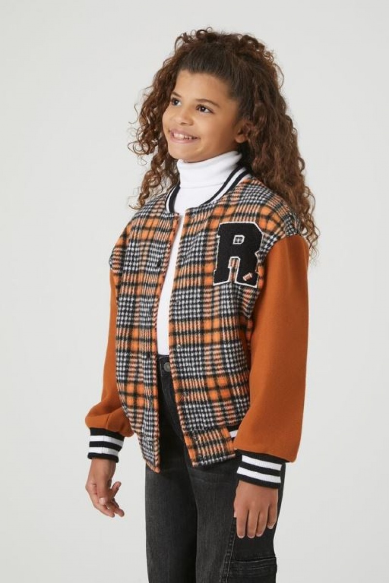 Casacas Forever 21 Girls Plaid Letterman Niños Marrones Multicolor | wG27UAAIAp1