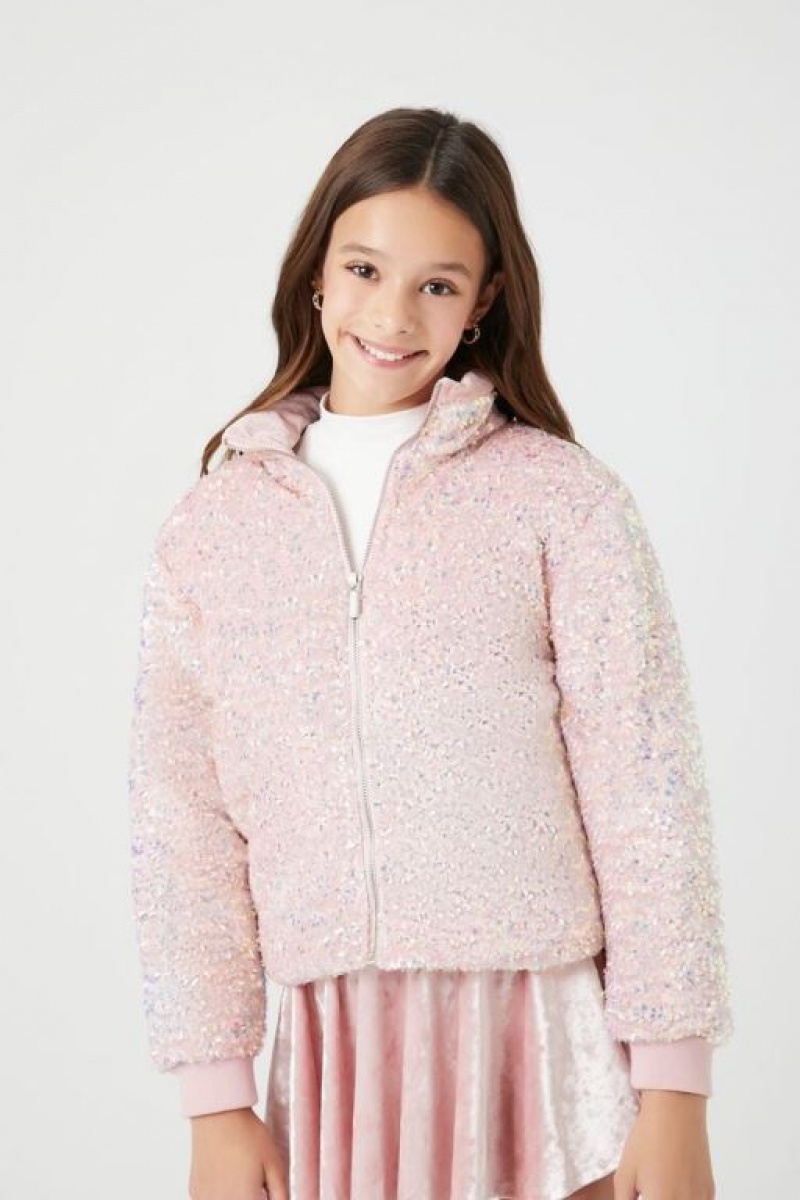 Casacas Forever 21 Girls Sequin Puffer Niños Rosas | GA155nI4RGo