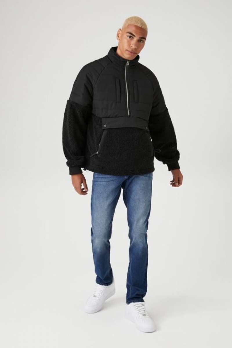 Casacas Forever 21 Half Zip Faux Shearling Puffer Hombre Negras | 8eR0qykelCR