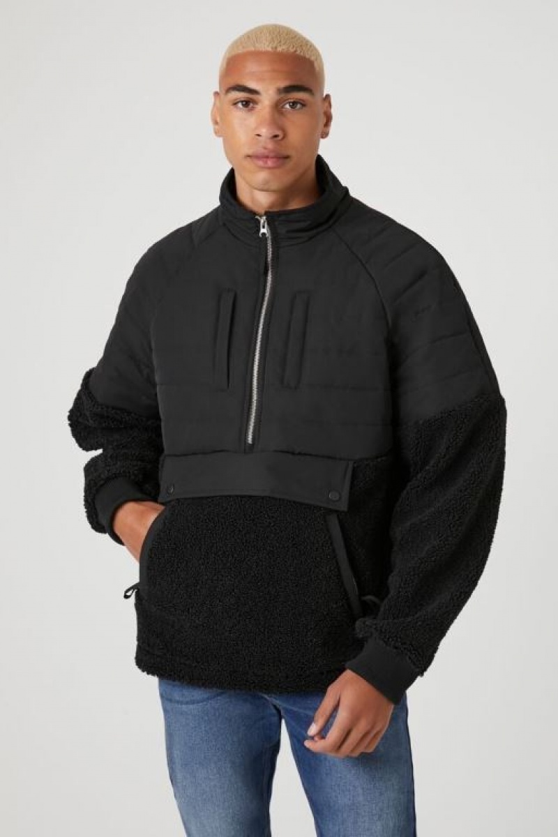 Casacas Forever 21 Half Zip Faux Shearling Puffer Hombre Negras | 8eR0qykelCR