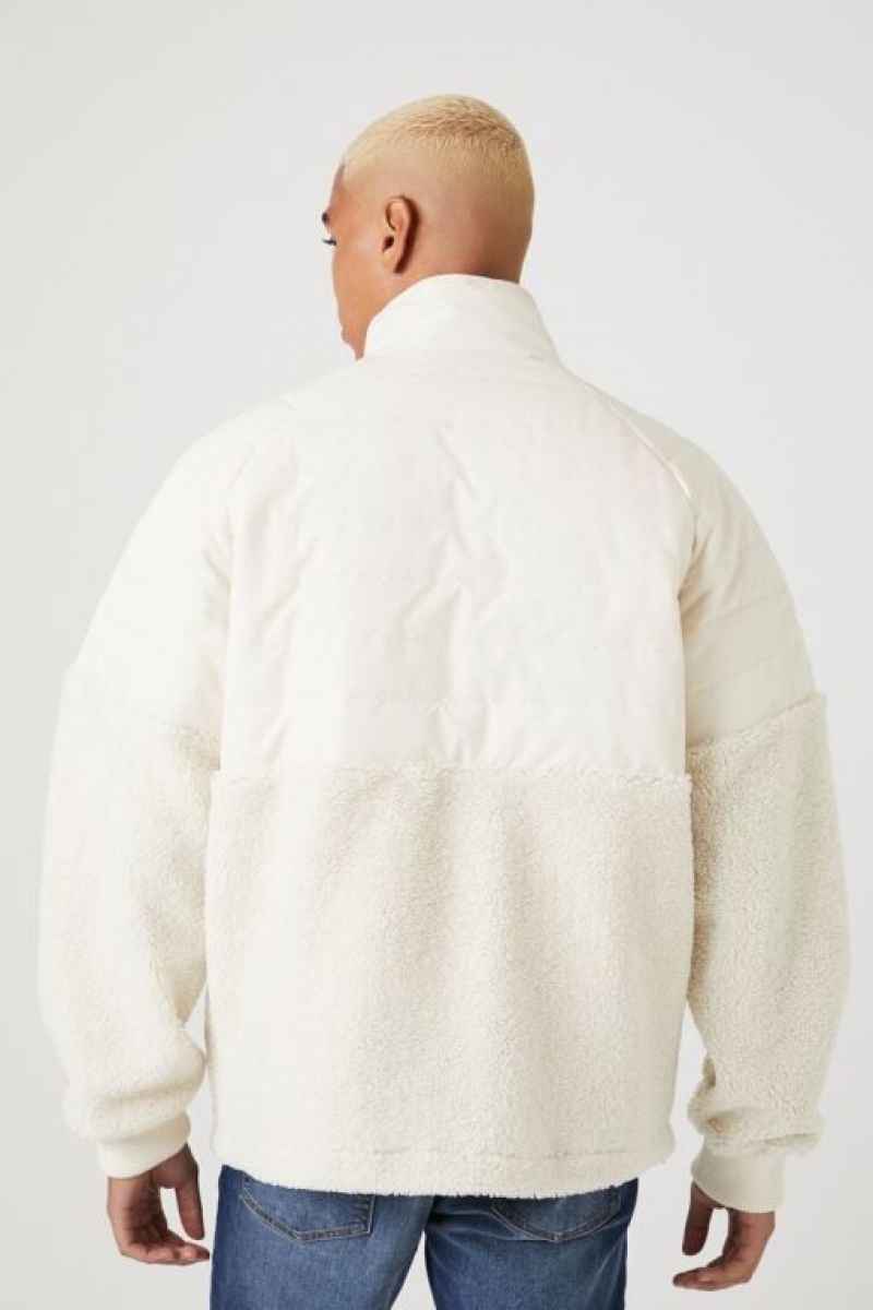 Casacas Forever 21 Half Zip Faux Shearling Puffer Hombre Creme | 8PMVvpyYXm7