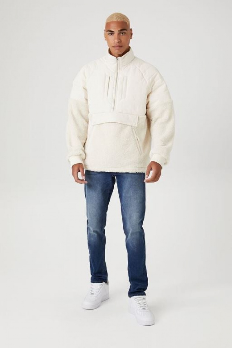 Casacas Forever 21 Half Zip Faux Shearling Puffer Hombre Creme | 8PMVvpyYXm7