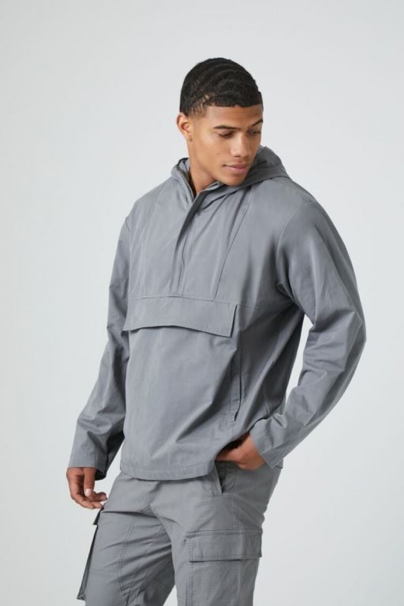 Casacas Forever 21 Half Zip Hooded Hombre Gris | HVsh9Ml6osY