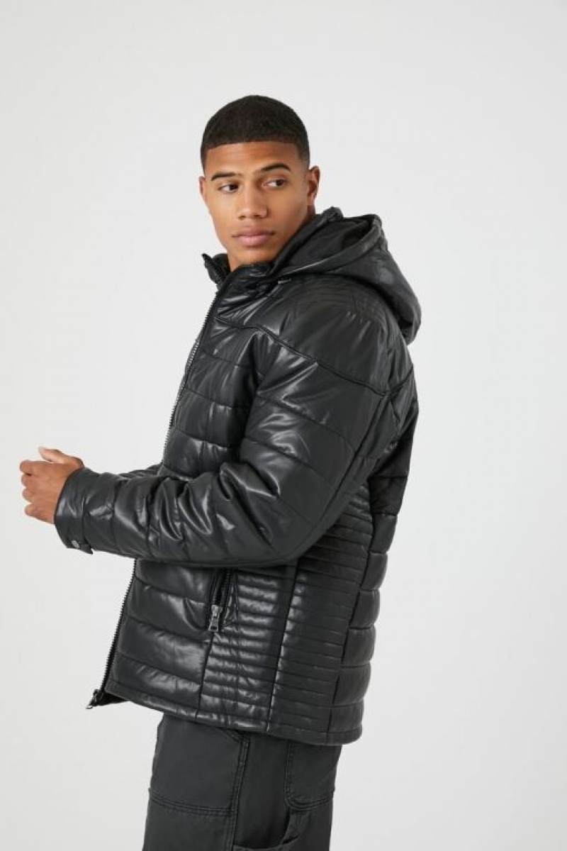 Casacas Forever 21 Hooded Faux Cuero Puffer Hombre Negras | jgjgxkca1E4