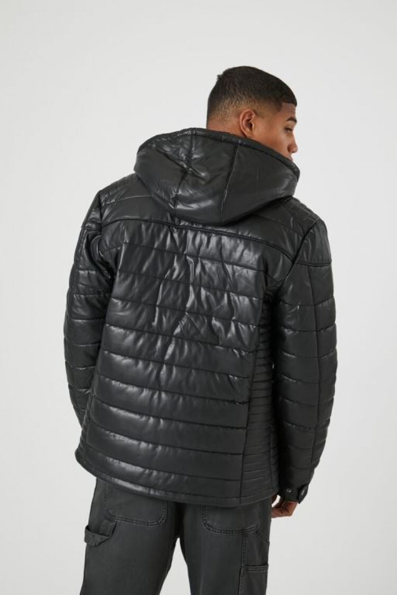 Casacas Forever 21 Hooded Faux Cuero Puffer Hombre Negras | jgjgxkca1E4