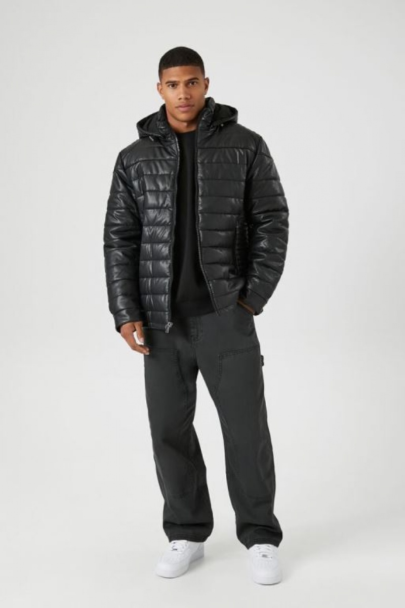 Casacas Forever 21 Hooded Faux Cuero Puffer Hombre Negras | jgjgxkca1E4