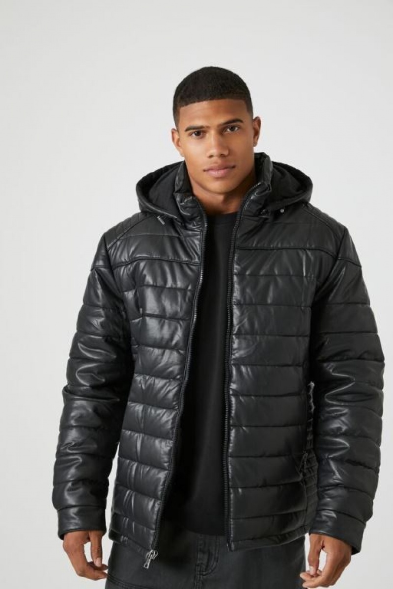 Casacas Forever 21 Hooded Faux Cuero Puffer Hombre Negras | jgjgxkca1E4