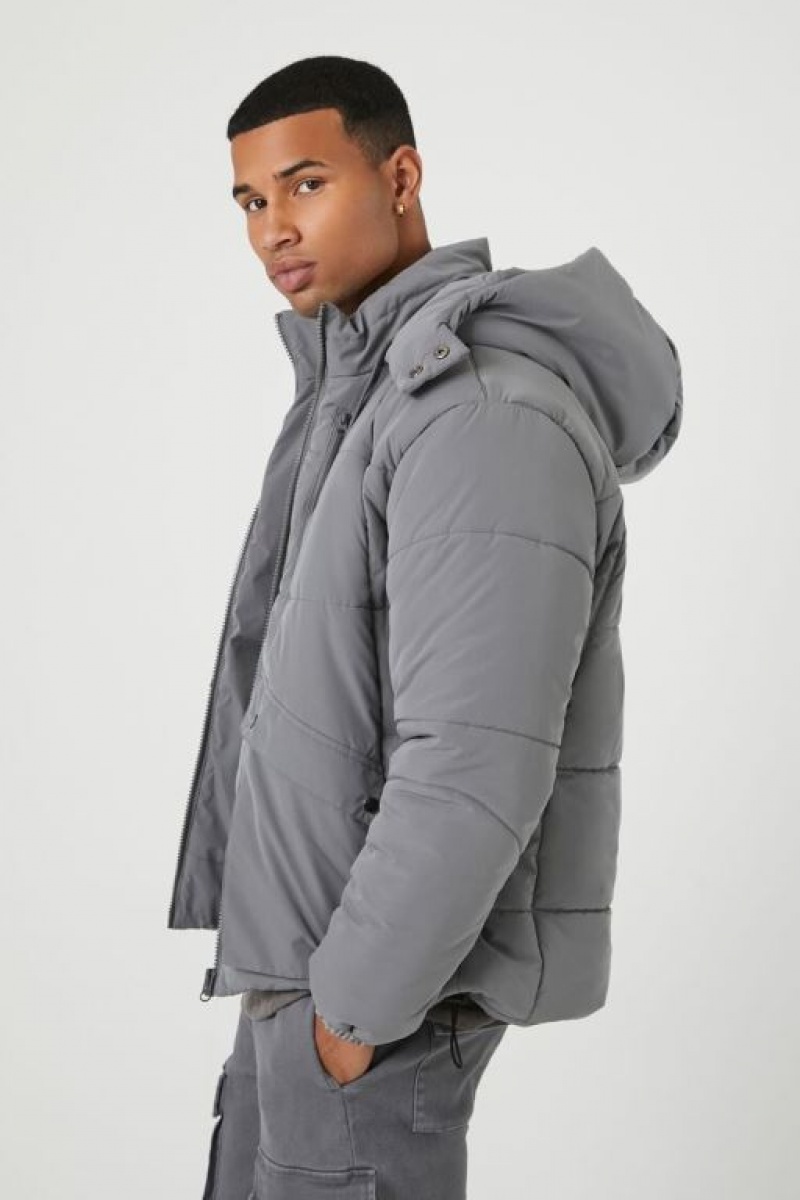 Casacas Forever 21 Hooded Puffer Hombre Gris | zGE1lfdfIVM