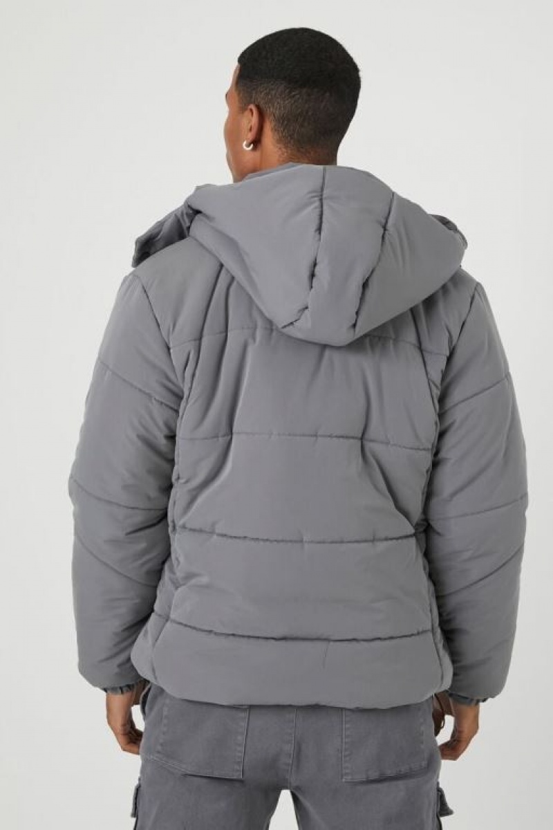 Casacas Forever 21 Hooded Puffer Hombre Gris | zGE1lfdfIVM