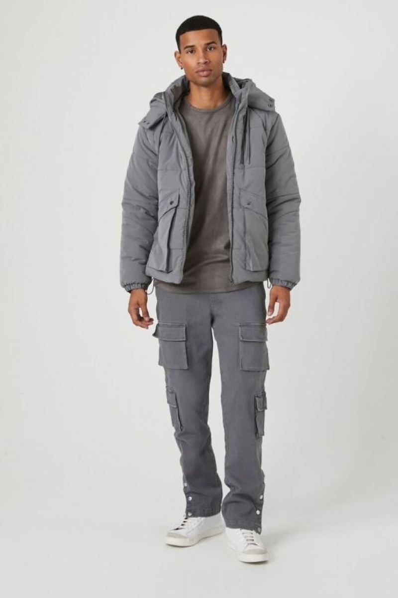 Casacas Forever 21 Hooded Puffer Hombre Gris | zGE1lfdfIVM