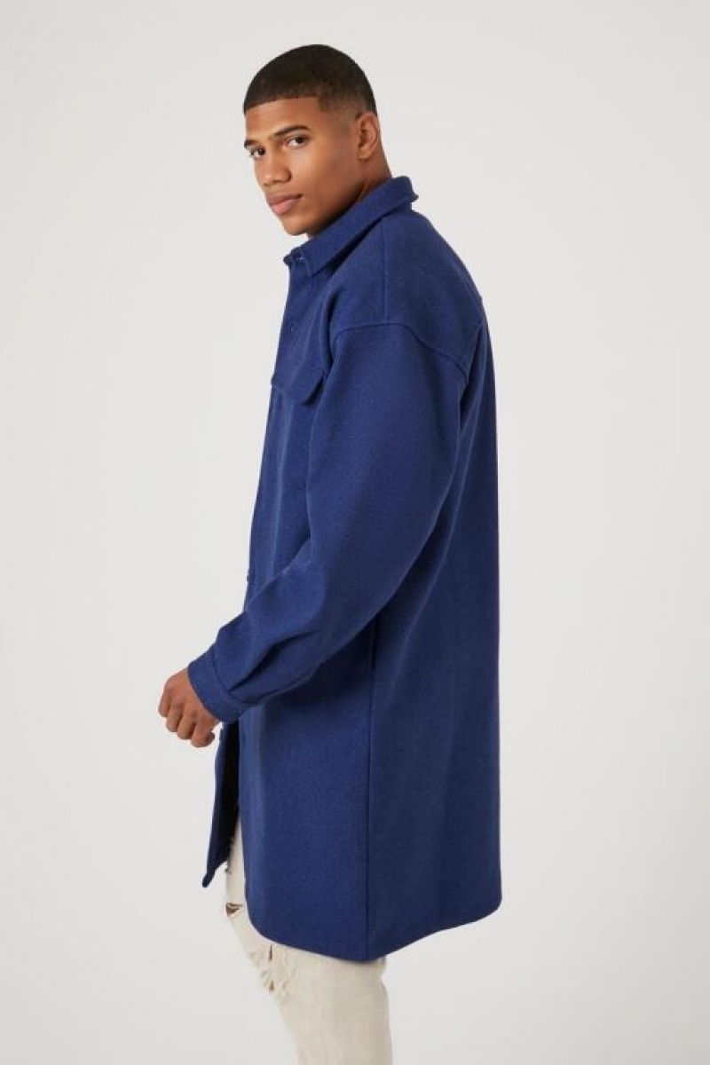 Casacas Forever 21 Longline Button Front Coat Hombre Azules | 5yU6vxHODG1