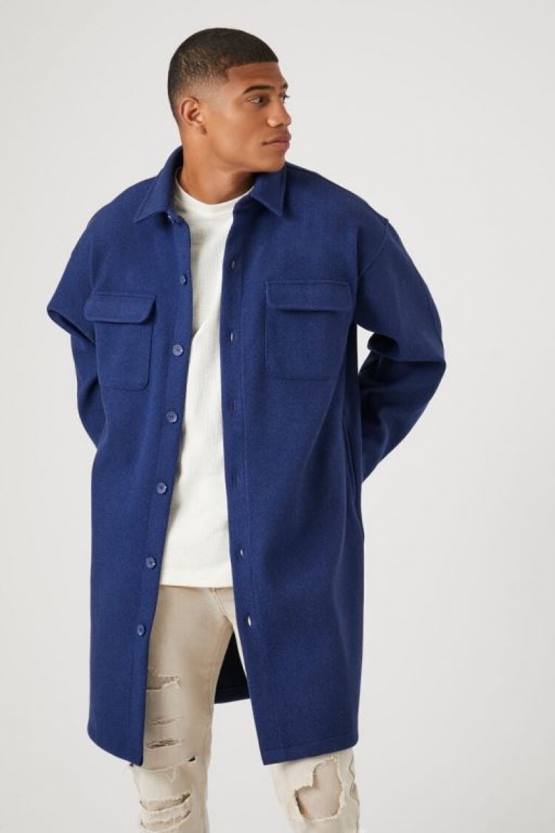 Casacas Forever 21 Longline Button Front Coat Hombre Azules | 5yU6vxHODG1