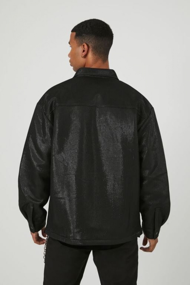 Casacas Forever 21 Metallic Snap Button Shacket Hombre Negras | G7vaxKq5dre