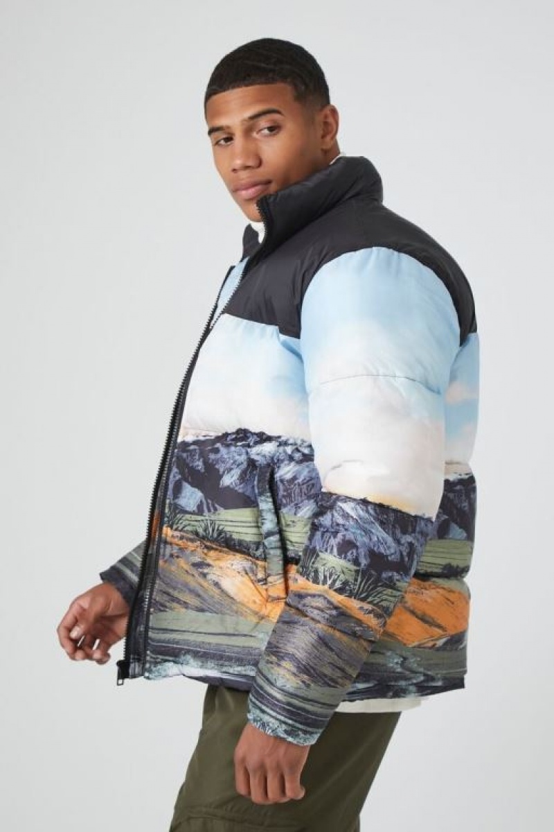 Casacas Forever 21 Mountain Landscape Puffer Hombre Negras Multicolor | eU6uwBd4jj0