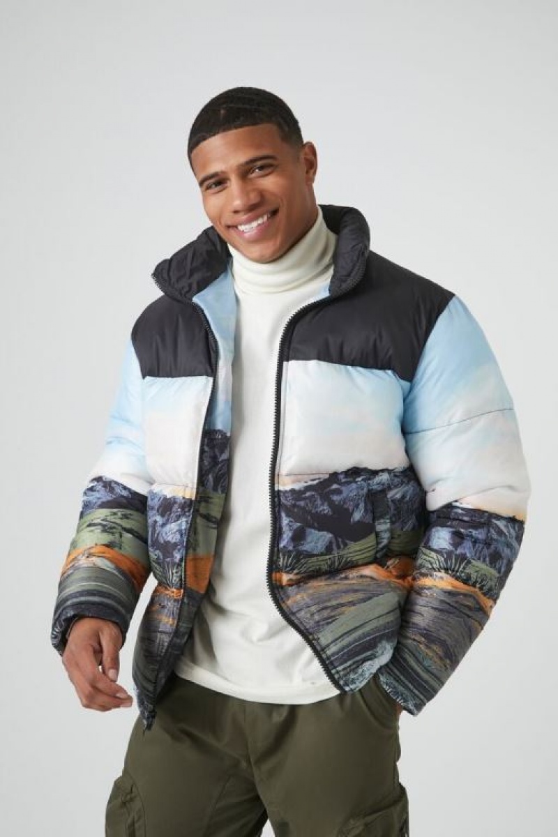 Casacas Forever 21 Mountain Landscape Puffer Hombre Negras Multicolor | eU6uwBd4jj0