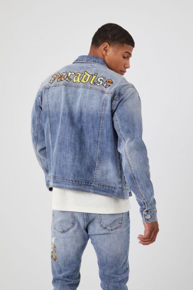 Casacas Forever 21 Paradise Patch Denim Trucker Hombre Azules Multicolor | thYIRE6liQC