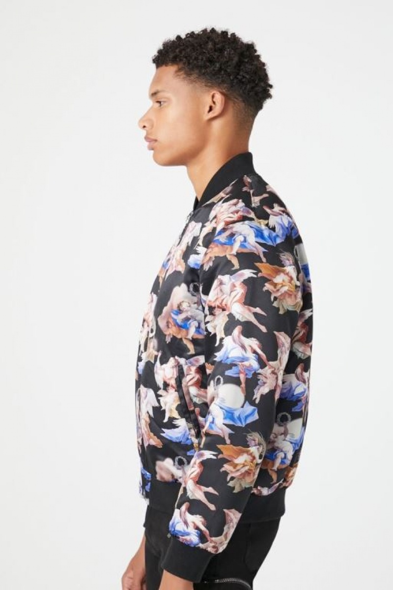 Casacas Forever 21 Satin Angel Print Bomber Hombre Negras Multicolor | zbHWFfvIMDi