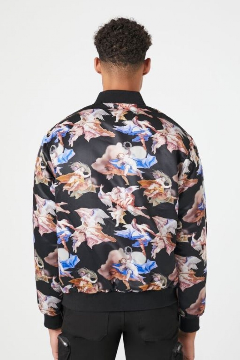 Casacas Forever 21 Satin Angel Print Bomber Hombre Negras Multicolor | zbHWFfvIMDi