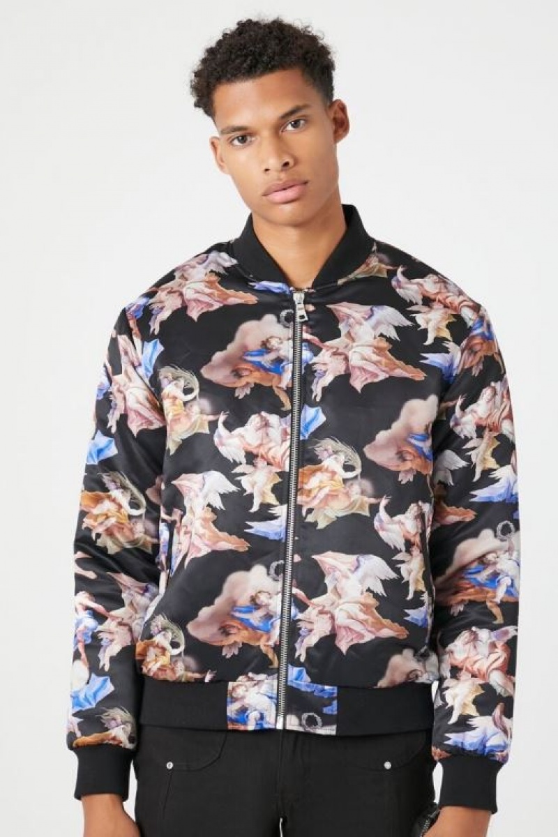 Casacas Forever 21 Satin Angel Print Bomber Hombre Negras Multicolor | zbHWFfvIMDi