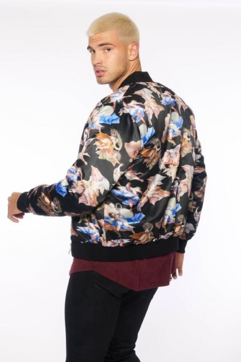 Casacas Forever 21 Satin Angel Print Bomber Hombre Negras Multicolor | zbHWFfvIMDi