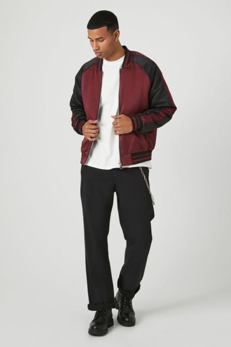 Casacas Forever 21 Satin Varsity A Rayas Bomber Hombre Negras Burdeos | uQwvG6Be2l4