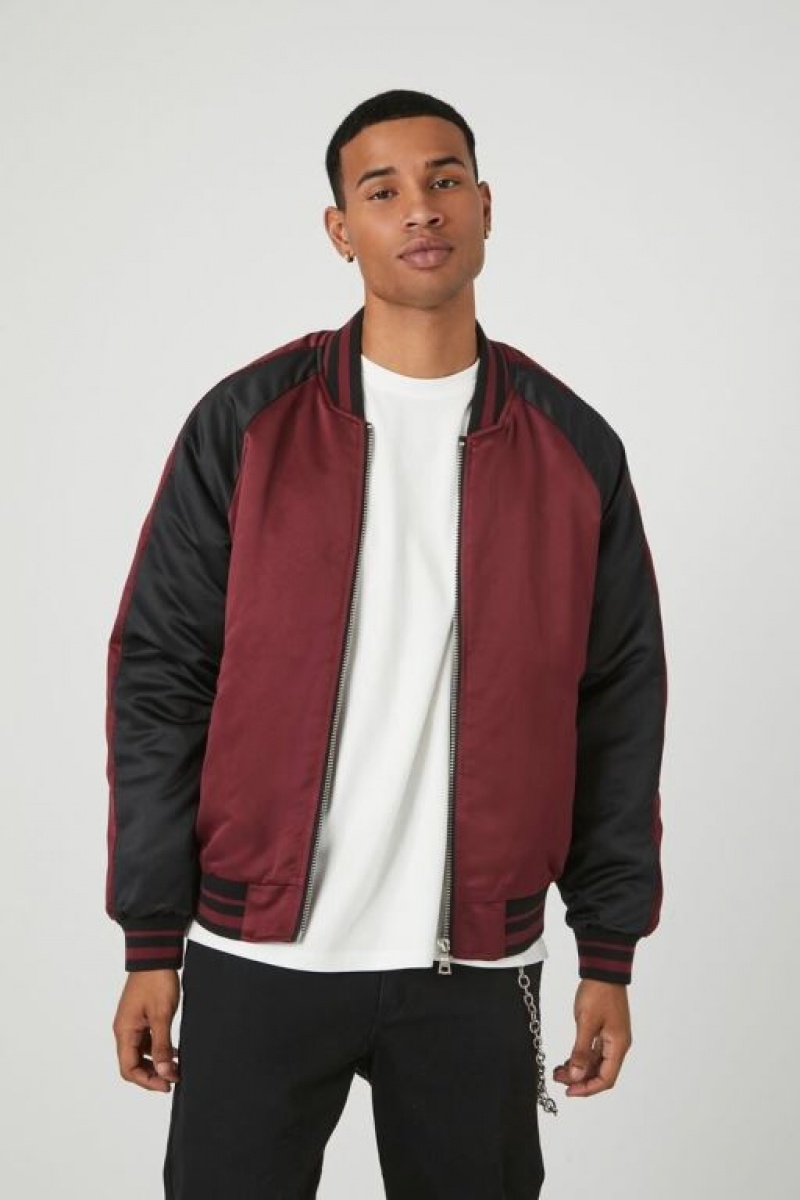 Casacas Forever 21 Satin Varsity A Rayas Bomber Hombre Negras Burdeos | uQwvG6Be2l4