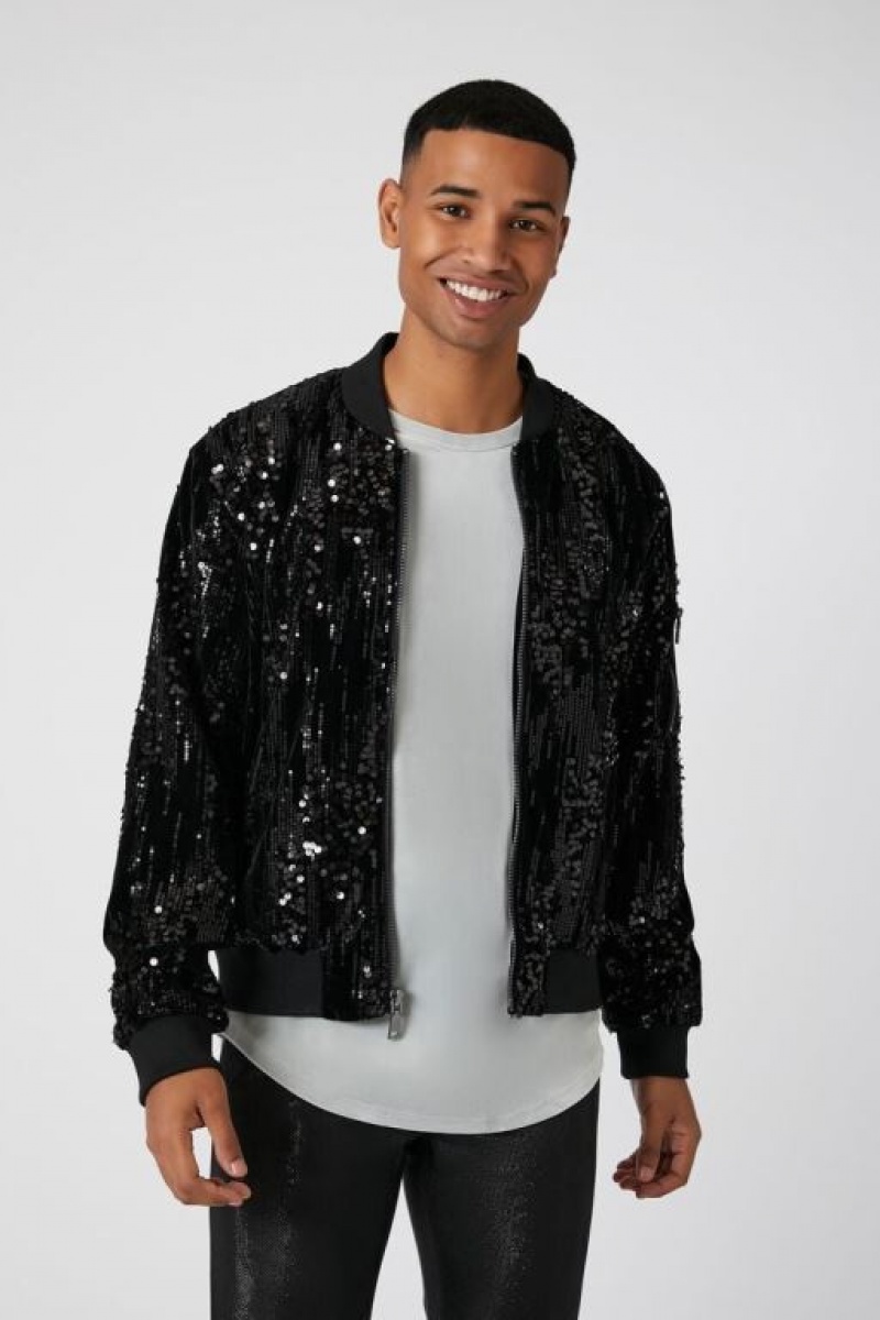 Casacas Forever 21 Sequin Zip Up Bomber Hombre Negras | RqCiWug8m0a