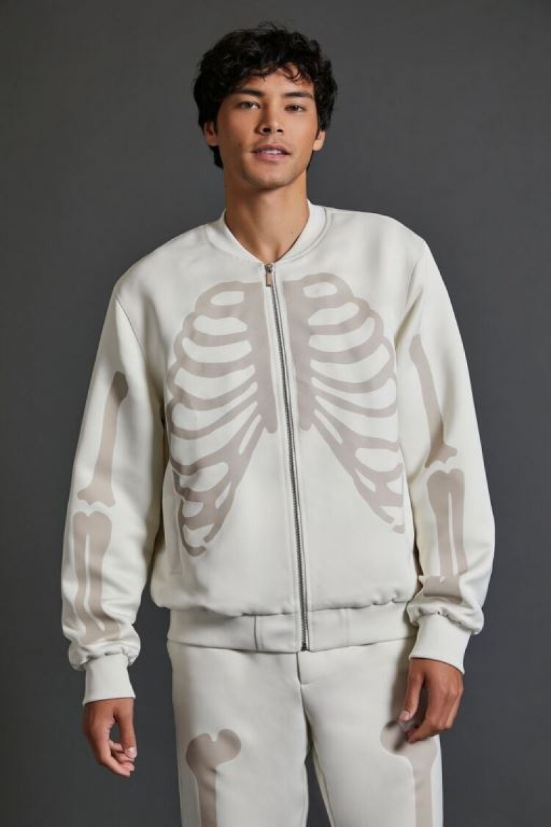 Casacas Forever 21 Skeleton Bomber Hombre Creme Gris Marrones | KvURdkuKrvI