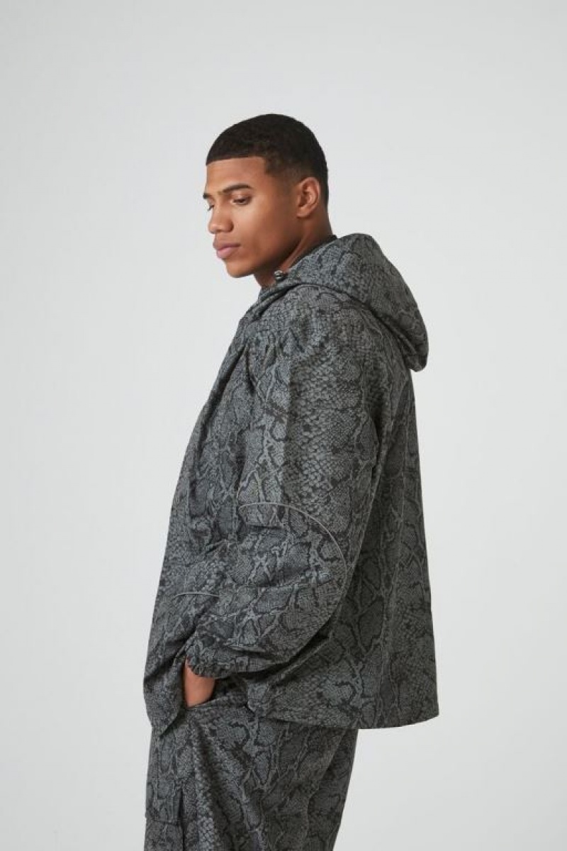 Casacas Forever 21 Snake Print Hooded Bomber Hombre Gris Negras | wzIrwMBSzLS