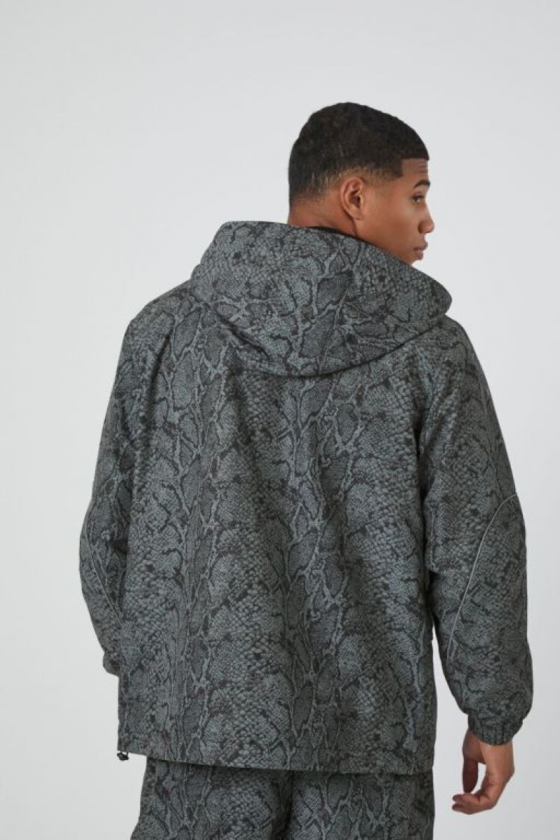 Casacas Forever 21 Snake Print Hooded Bomber Hombre Gris Negras | wzIrwMBSzLS