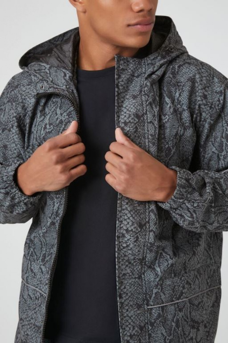 Casacas Forever 21 Snake Print Hooded Bomber Hombre Gris Negras | wzIrwMBSzLS