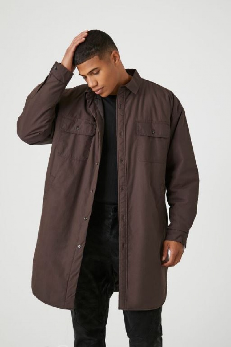 Casacas Forever 21 Snap Button Longline Shacket Hombre Marrones | S2L7XVpDD3l