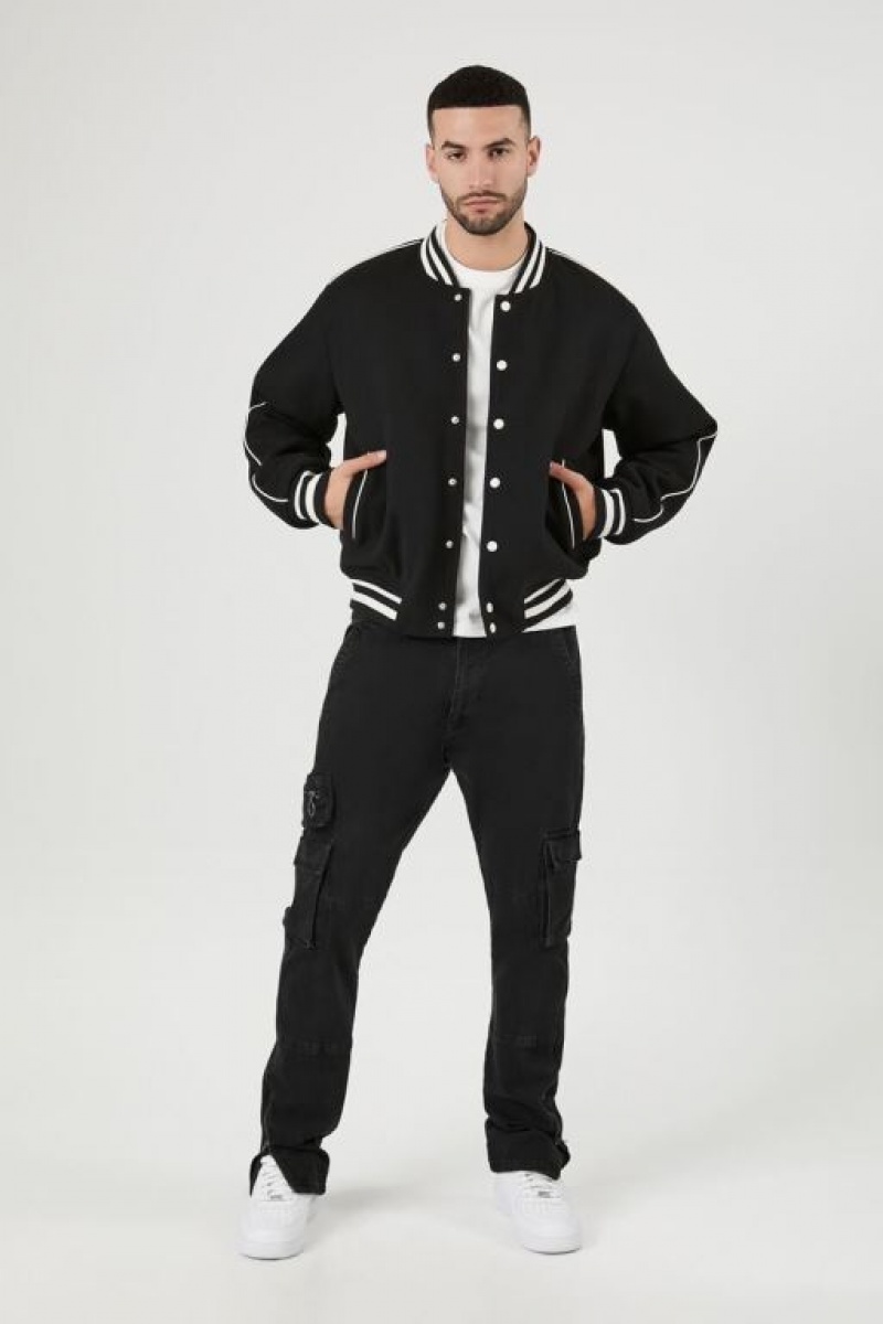 Casacas Forever 21 Varsity Letterman Bomber Hombre Negras Creme | GNxnVrwIqY5