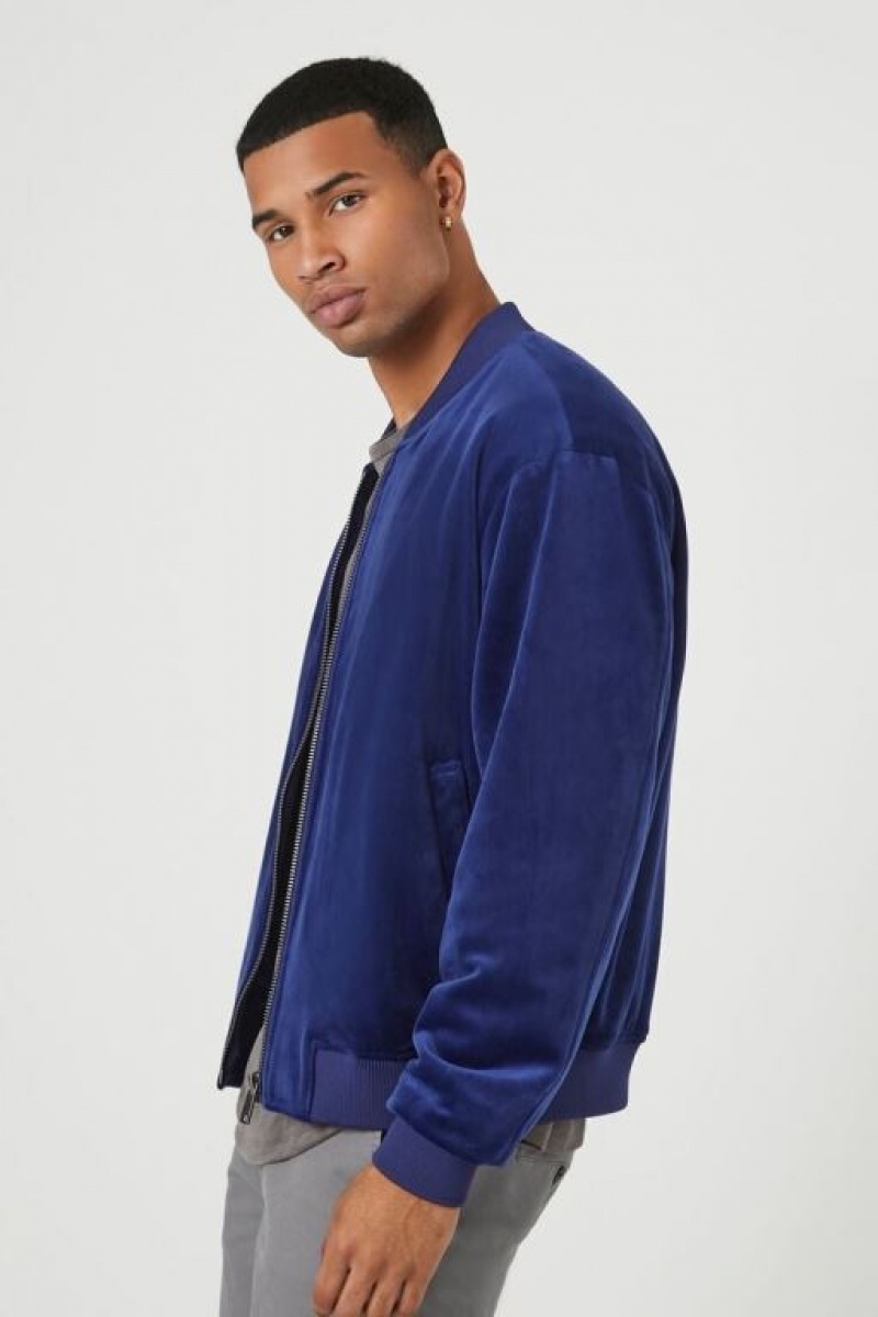 Casacas Forever 21 Velour Zip Up Bomber Hombre Azul Marino | zwOCB0hkCsv