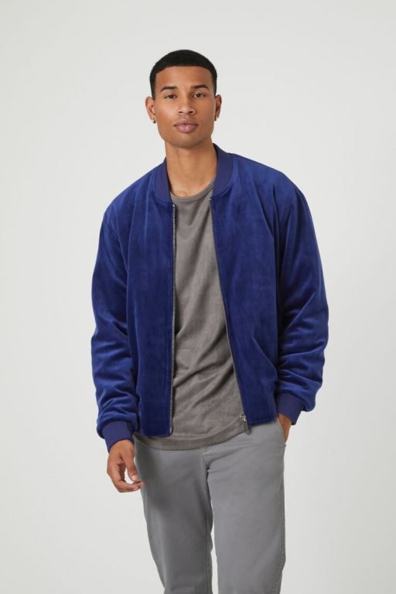 Casacas Forever 21 Velour Zip Up Bomber Hombre Azul Marino | zwOCB0hkCsv