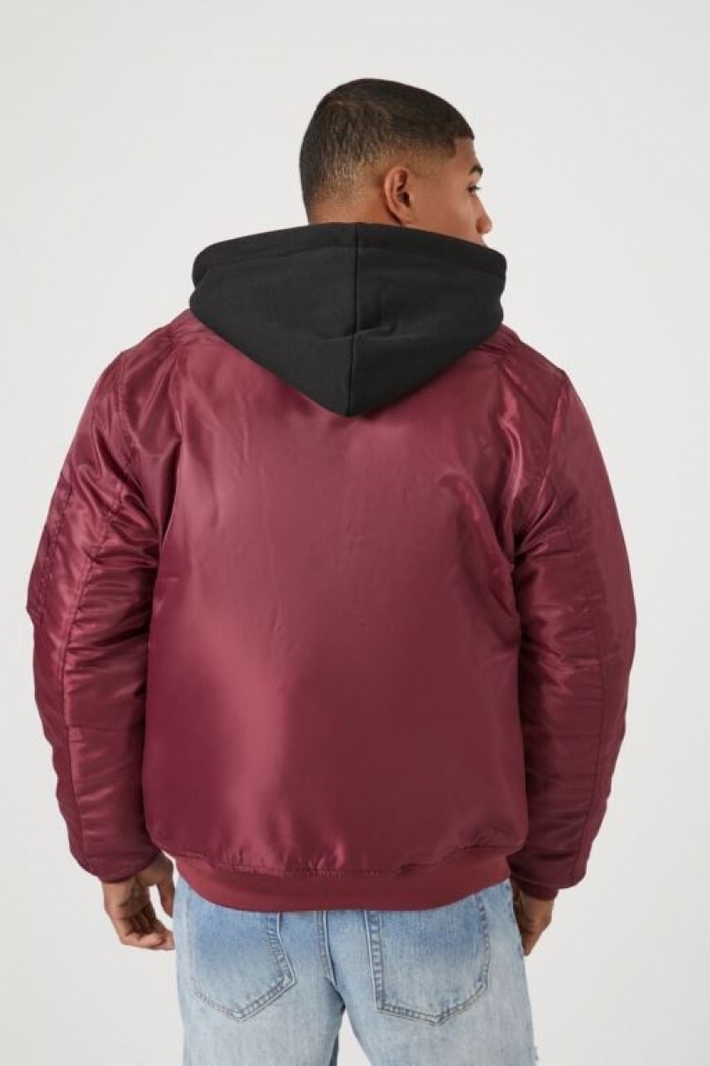 Casacas Forever 21 Zip Up Hooded Bomber Hombre Burdeos Negras | UI8SlRxgCvn