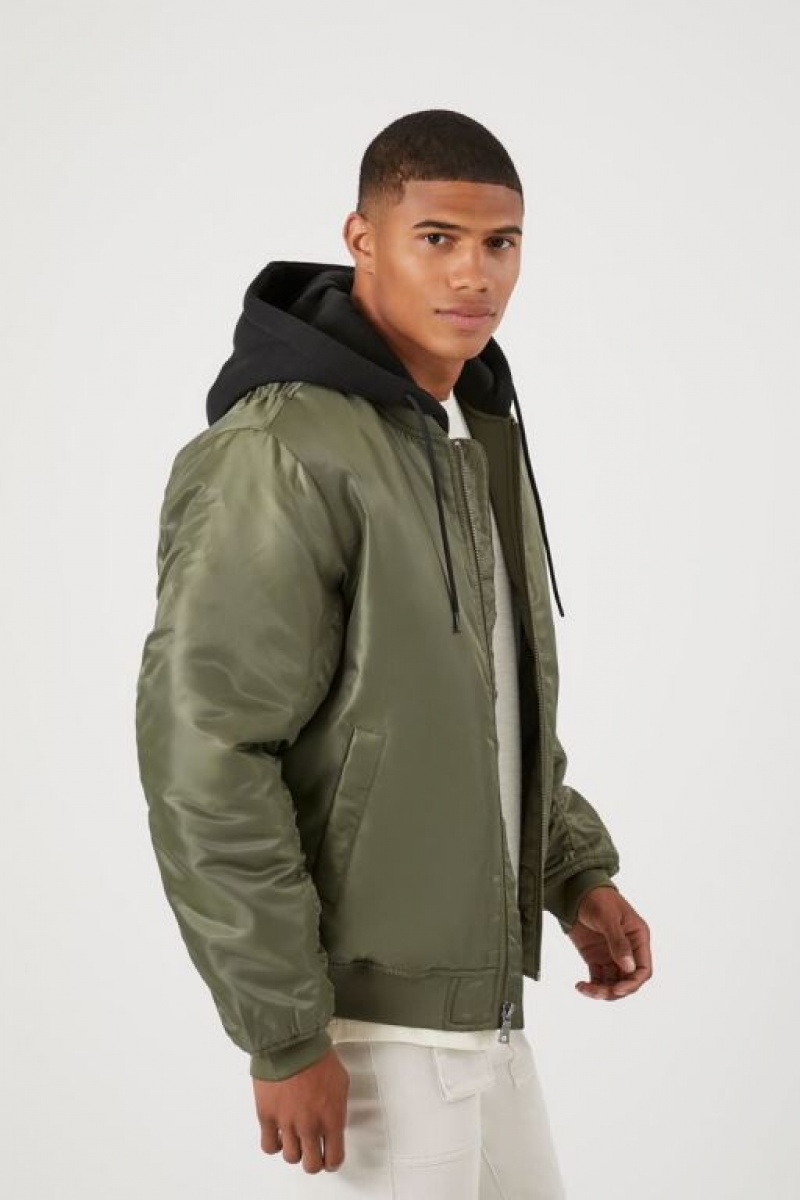 Casacas Forever 21 Zip Up Hooded Bomber Hombre Verde Oliva Negras | L4ZgCm6YjBM