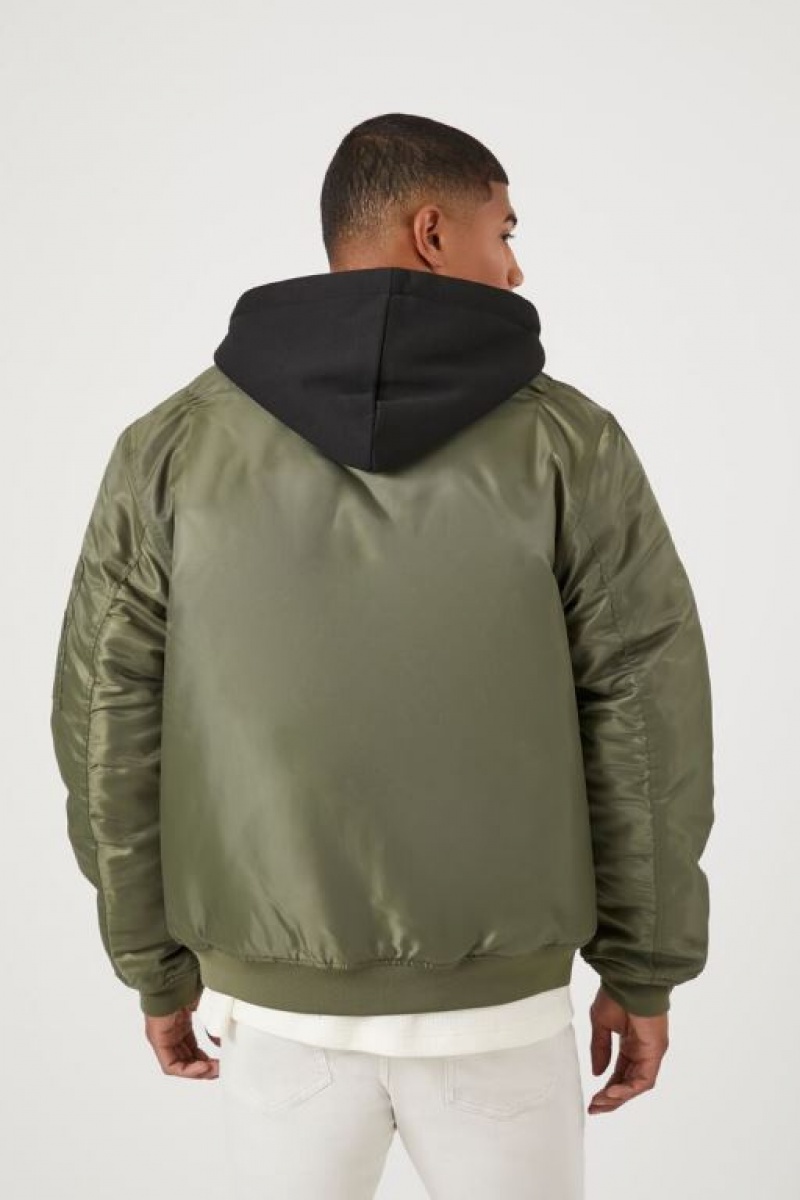 Casacas Forever 21 Zip Up Hooded Bomber Hombre Verde Oliva Negras | L4ZgCm6YjBM