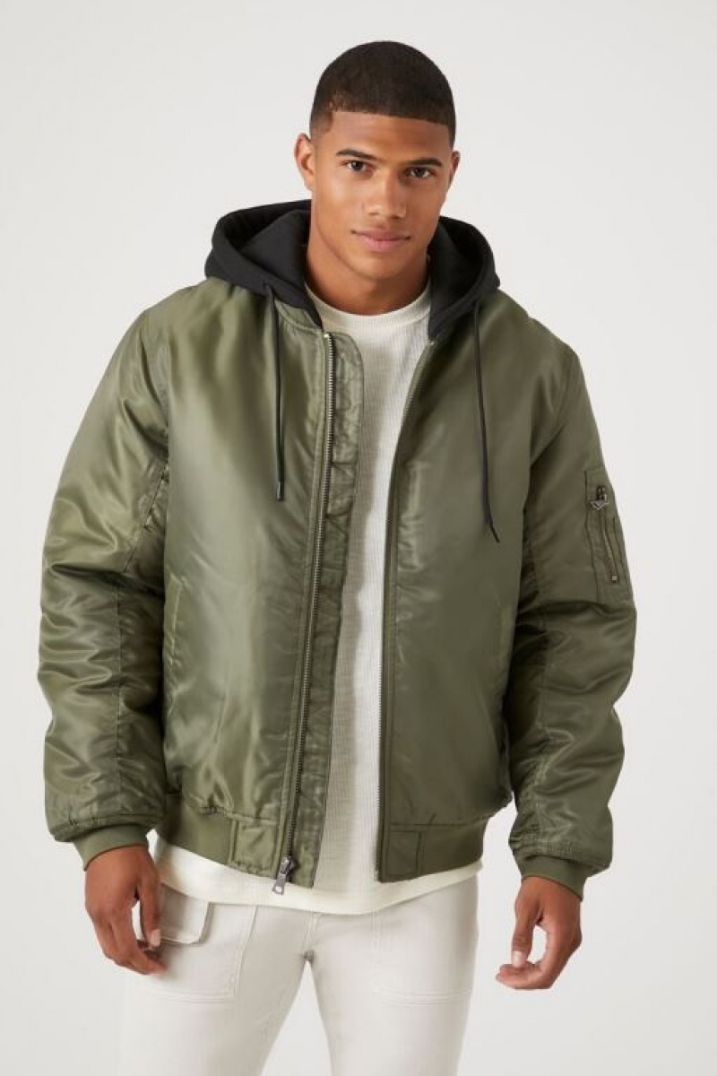 Casacas Forever 21 Zip Up Hooded Bomber Hombre Verde Oliva Negras | L4ZgCm6YjBM