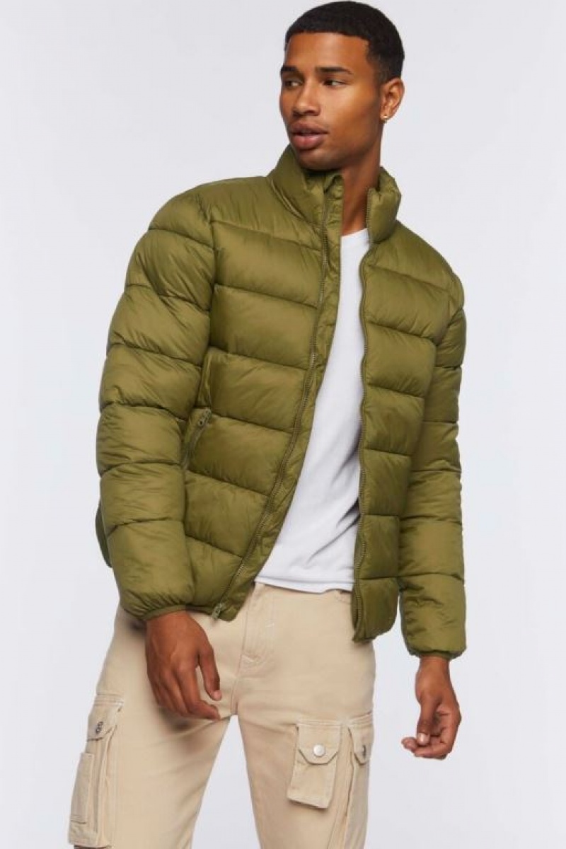 Casacas Forever 21 Zip Up Puffer Hombre Verde Oliva | 7SqWHFPgYNX