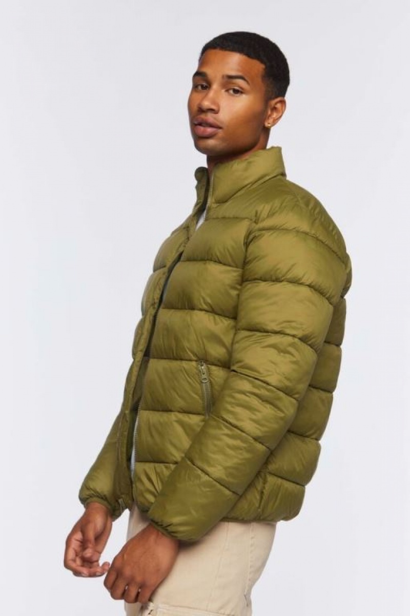 Casacas Forever 21 Zip Up Puffer Hombre Verde Oliva | 7SqWHFPgYNX